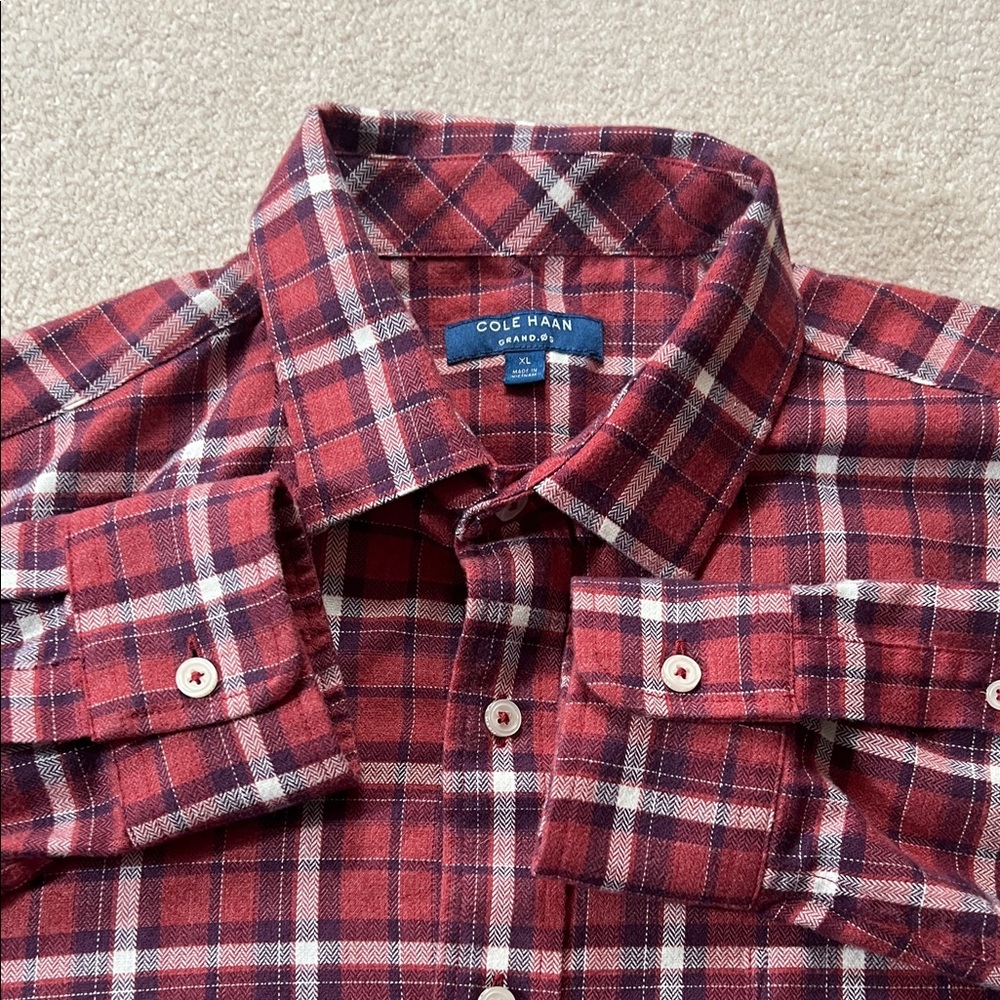 Cole Haan Grand OS Mens XL Plaid‎ Flannel Button Down Shirt Red